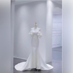 Brand New Puff Sleeve Light Satin Wedding Dress